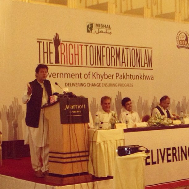 Chairman Pakistan Tehrik-e-Insaf, Imran Khan speaking at a MISHAL Pakistan seminar on the Right to Information Law of Khyber Paktunkha